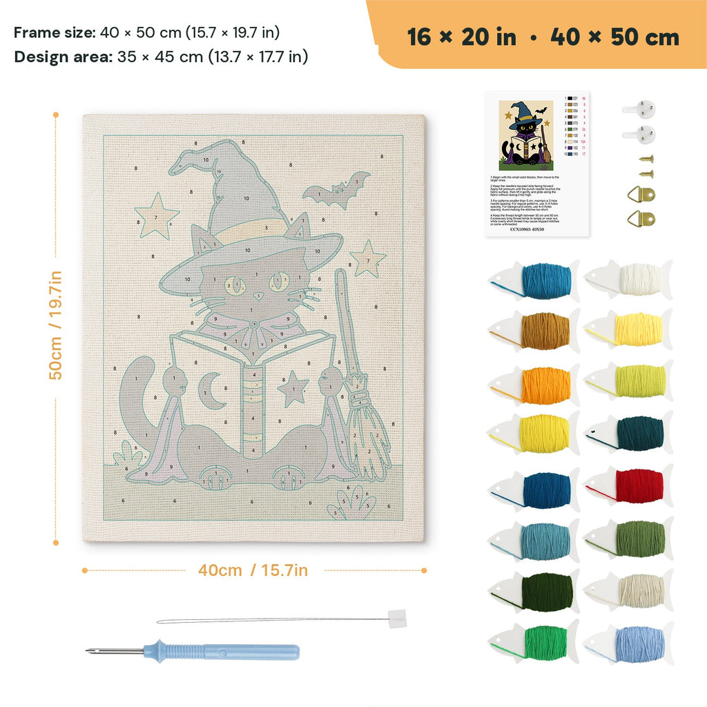 Bookish Witch Cat punch needle kit, 16 × 20 in (40 × 50 cm): canvas size and kit contents