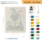 Bookish Witch Cat punch needle kit, 16 × 20 in (40 × 50 cm): canvas size and kit contents