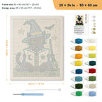 Bookish Witch Cat punch needle kit, 20 × 24 in (50 × 60 cm): canvas size and kit contents