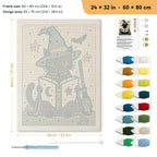 Bookish Witch Cat punch needle kit, 24 × 32 in (60 × 80 cm): canvas size and kit contents