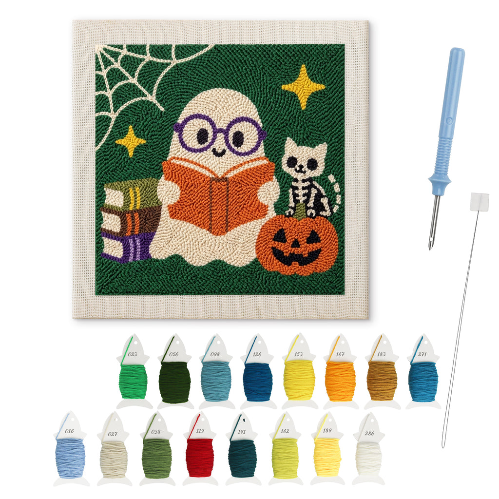 Bookworm Ghost punch needle kit: finished canvas with threads, punch needle and threader