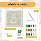 What is in the Bookworm Ghost kit: printed canvas, punch needle, threader, threads, color guide and hangers