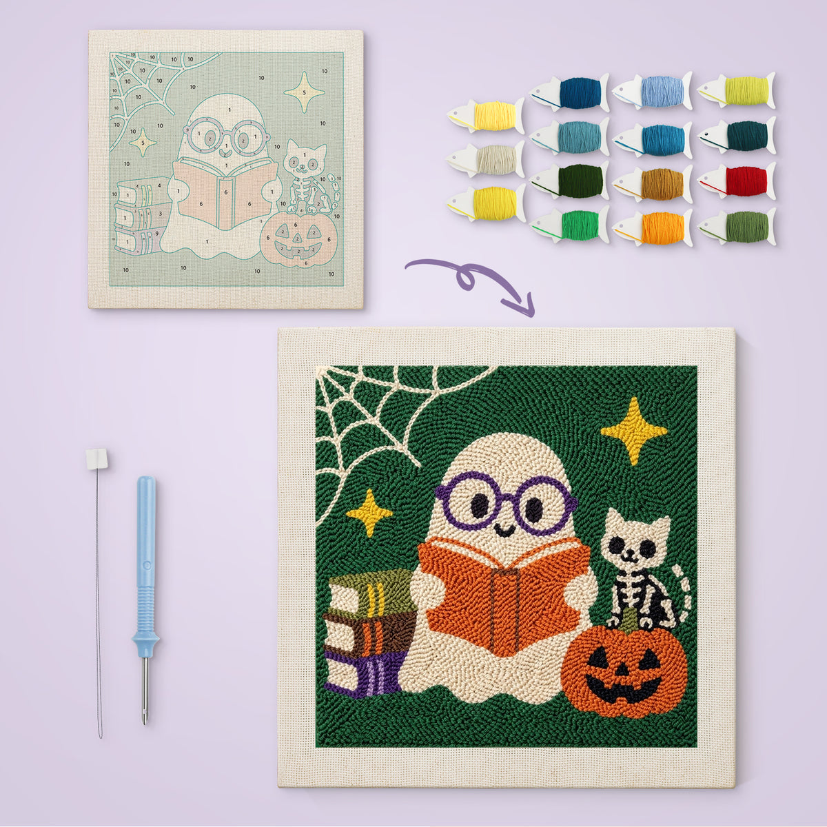 Bookworm Ghost canvas before and after punching, with the threads and tools