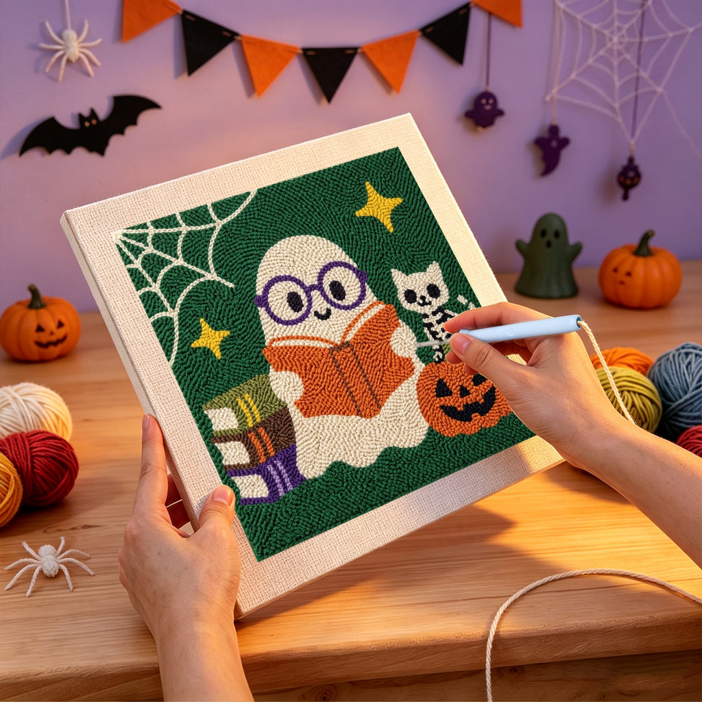 Punching the Bookworm Ghost design with the punch needle