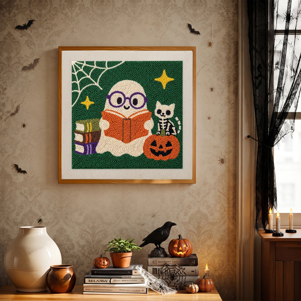 Finished Bookworm Ghost punch needle canvas on a wall