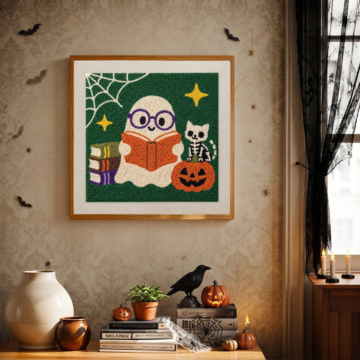 Finished Bookworm Ghost punch needle canvas on a wall
