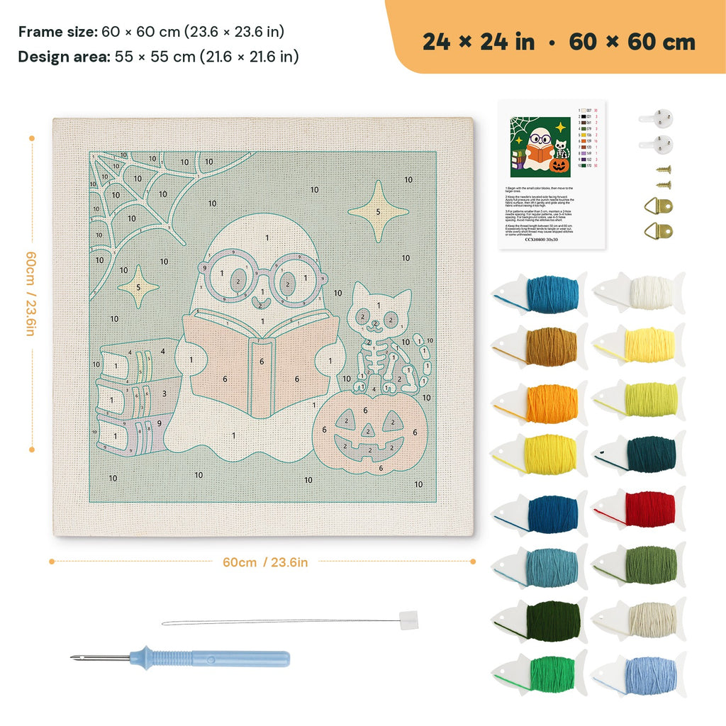 Bookworm Ghost punch needle kit, 24 × 24 in (60 × 60 cm): canvas size and kit contents