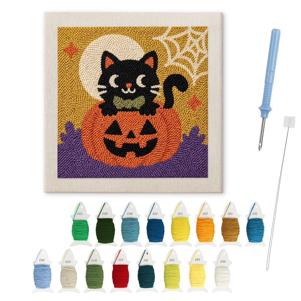 Bow Tie Cat on a Pumpkin punch needle kit: finished canvas with threads, punch needle and threader