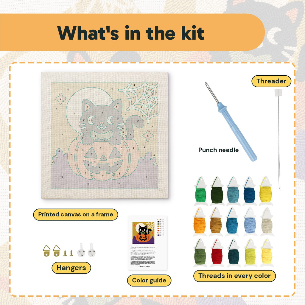 What is in the Bow Tie Cat on a Pumpkin kit: printed canvas, punch needle, threader, threads, color guide and hangers