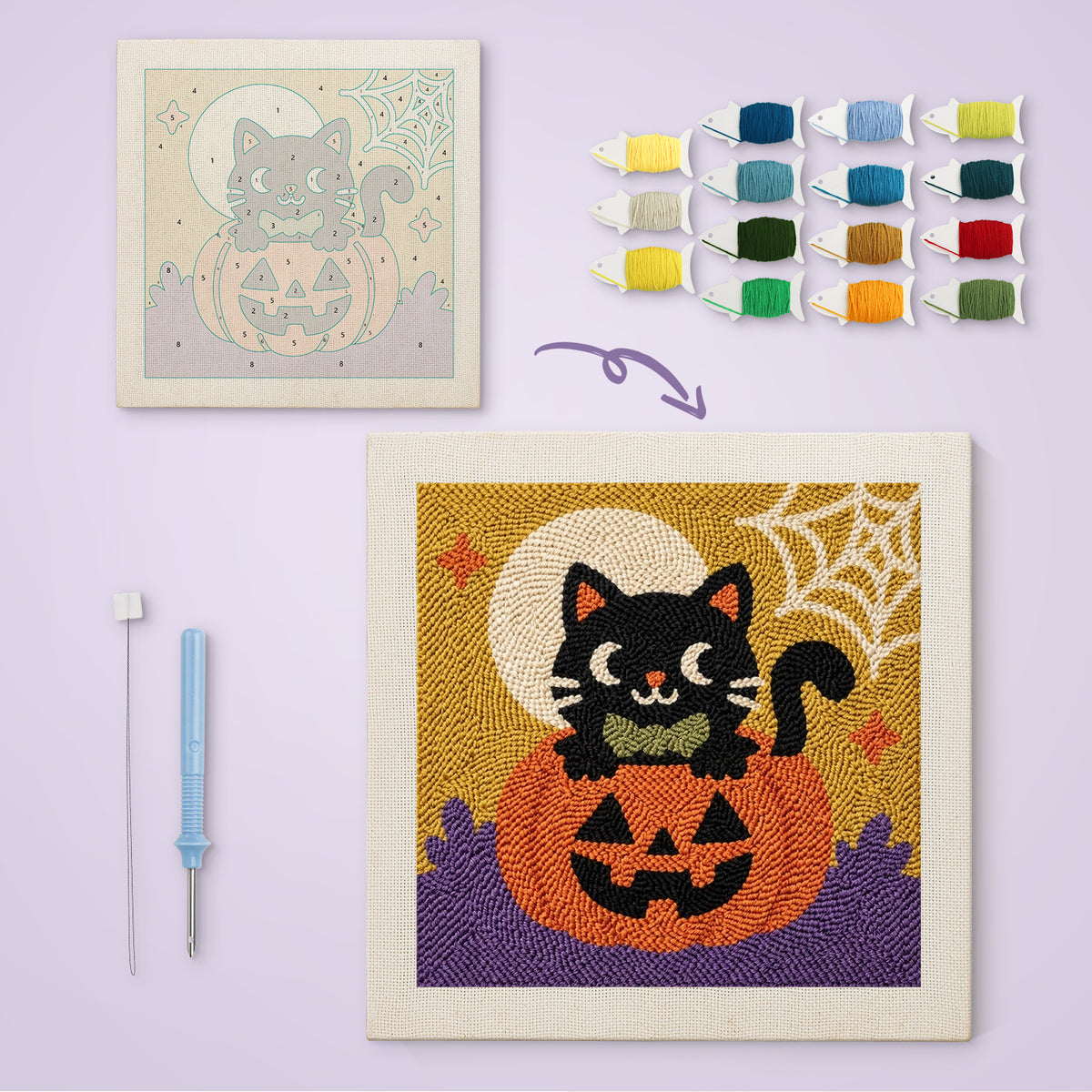 Bow Tie Cat on a Pumpkin canvas before and after punching, with the threads and tools