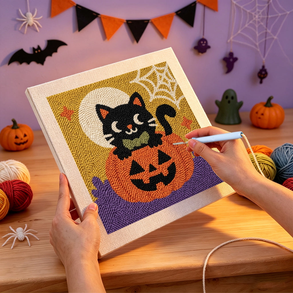 Punching the Bow Tie Cat on a Pumpkin design with the punch needle
