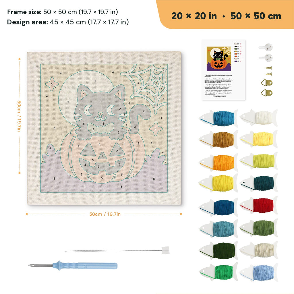 Bow Tie Cat on a Pumpkin punch needle kit, 20 × 20 in (50 × 50 cm): canvas size and kit contents