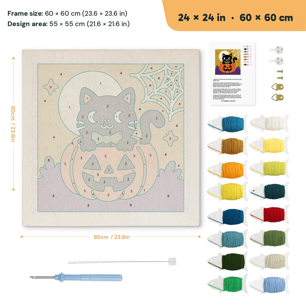 Bow Tie Cat on a Pumpkin punch needle kit, 24 × 24 in (60 × 60 cm): canvas size and kit contents