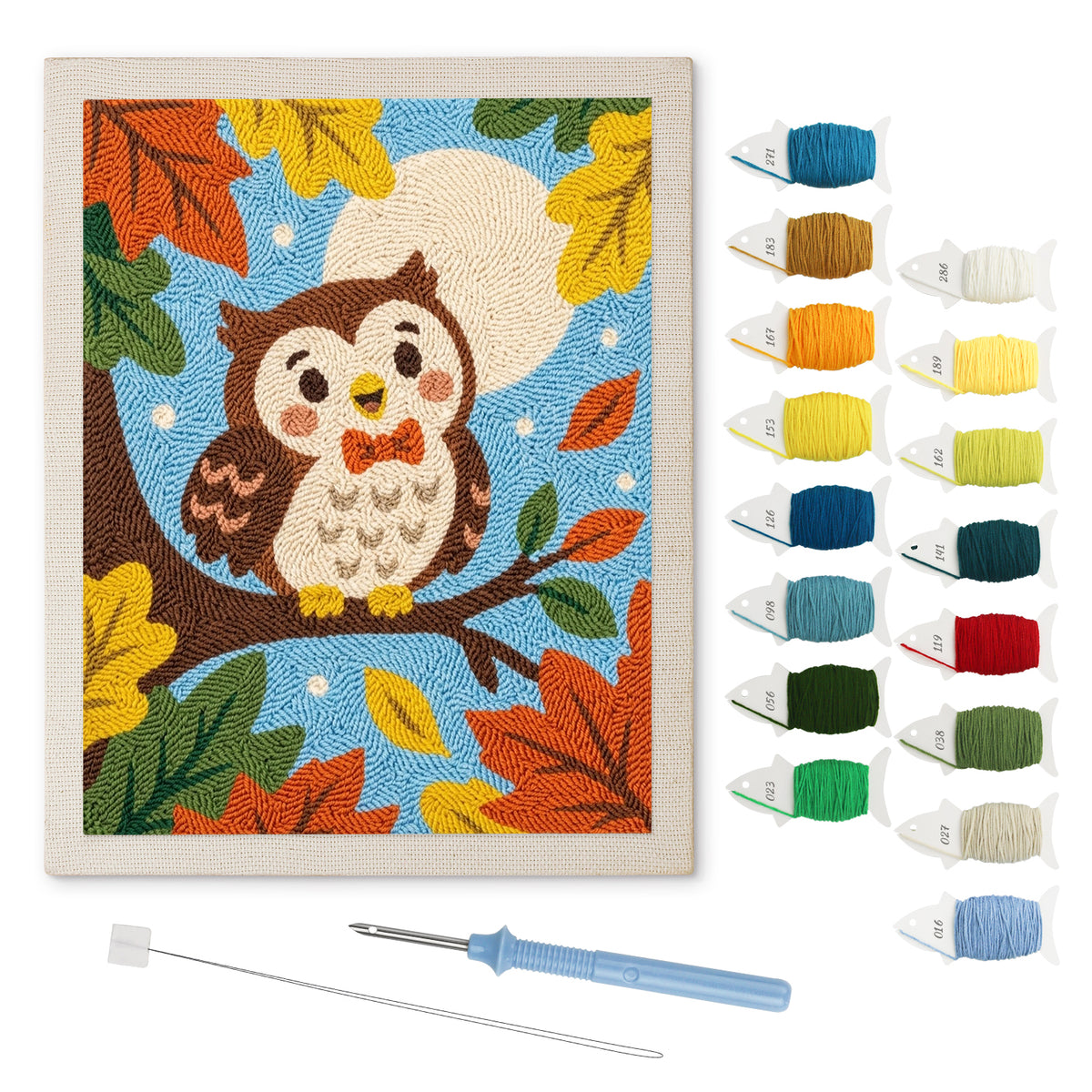 Bow Tie Owl punch needle kit: finished canvas with threads, punch needle and threader