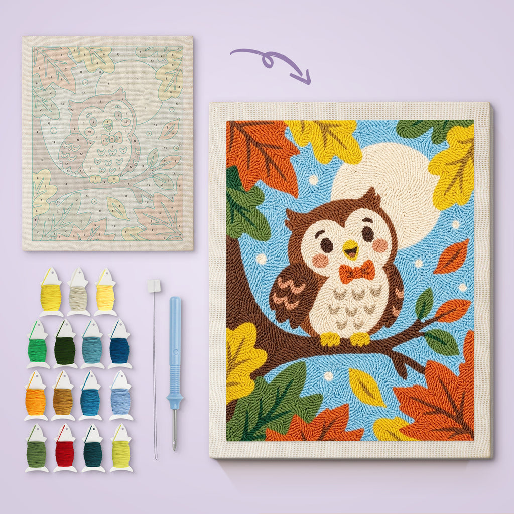 Bow Tie Owl canvas before and after punching, with the threads and tools