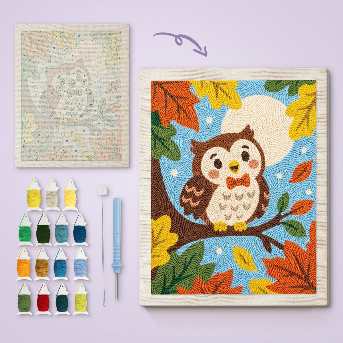 Bow Tie Owl canvas before and after punching, with the threads and tools