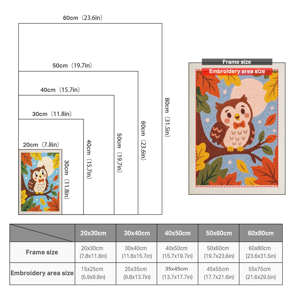 Size chart for punch needle kits from 20 x 30 cm to 60 x 80 cm