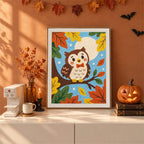 Finished Bow Tie Owl punch needle canvas on a wall