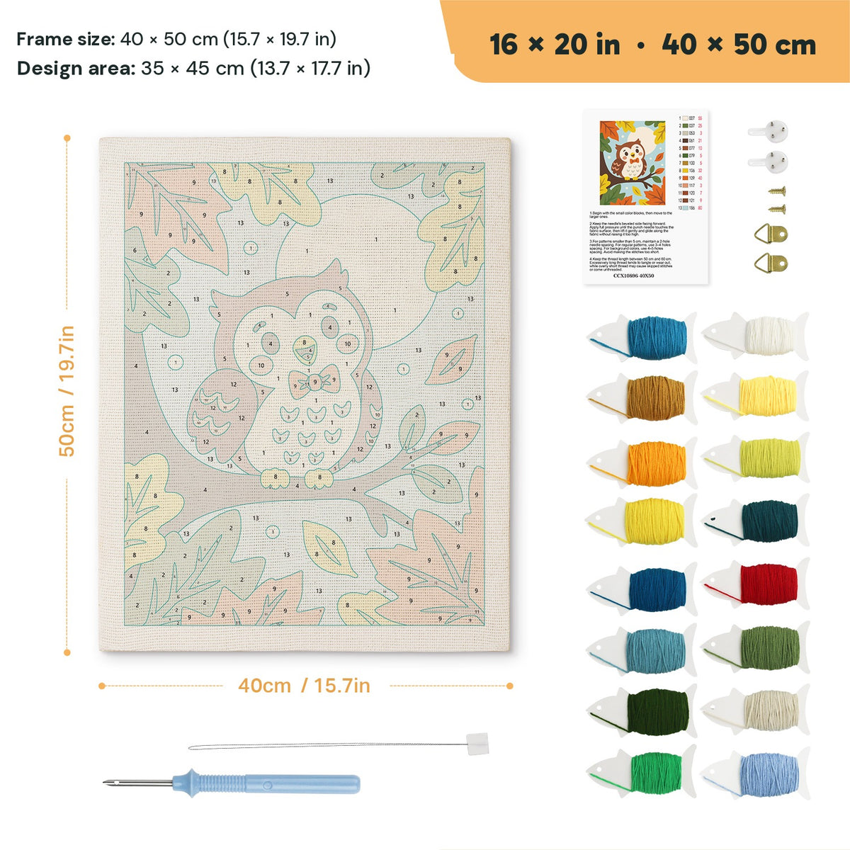 Bow Tie Owl punch needle kit, 16 × 20 in (40 × 50 cm): canvas size and kit contents