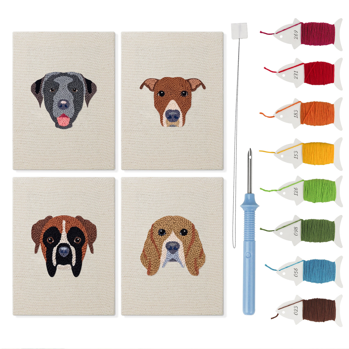 Boxer and Labrador mini punch needle kit set: four finished canvases with threads, punch needle and threader