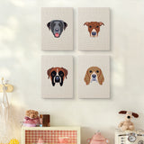 The four Boxer and Labrador mini canvases on a wall above a shelf