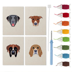 Boxer and Labrador mini punch needle kit set: four finished canvases with threads, punch needle and threader