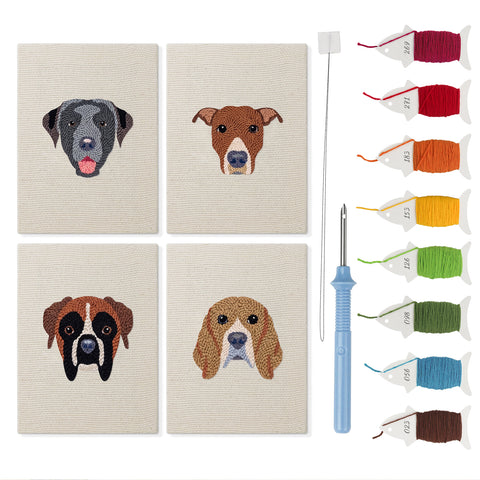 Boxer and Labrador mini punch needle kit set: four finished canvases with threads, punch needle and threader