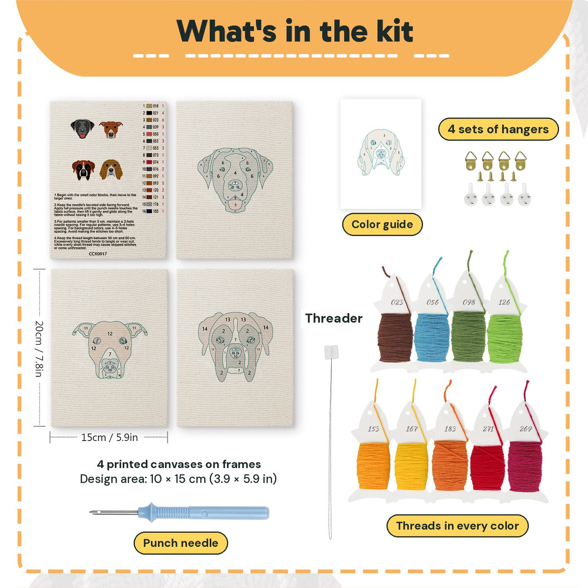 What is in the Boxer and Labrador set: 4 printed canvases, punch needle, threader, threads, color guide and 4 sets of hangers (6 × 8 in (15 × 20 cm) each)