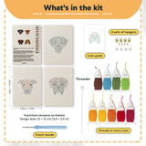 What is in the Boxer and Labrador set: 4 printed canvases, punch needle, threader, threads, color guide and 4 sets of hangers (6 × 8 in (15 × 20 cm) each)