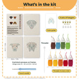 What is in the Boxer and Labrador set, 8 × 12 in (20 × 30 cm) each: 4 printed canvases, punch needle, threader, threads, color guide and 4 sets of hangers