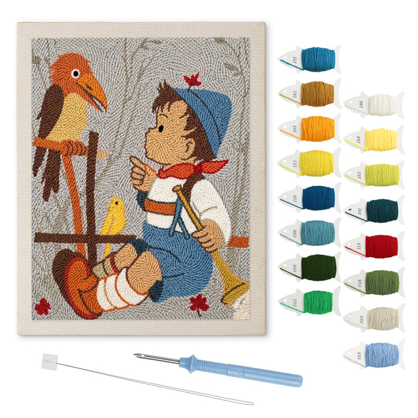 Boy with Horn punch needle kit: finished canvas with threads, punch needle and threader
