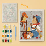Boy with Horn canvas before and after punching, with the threads and tools
