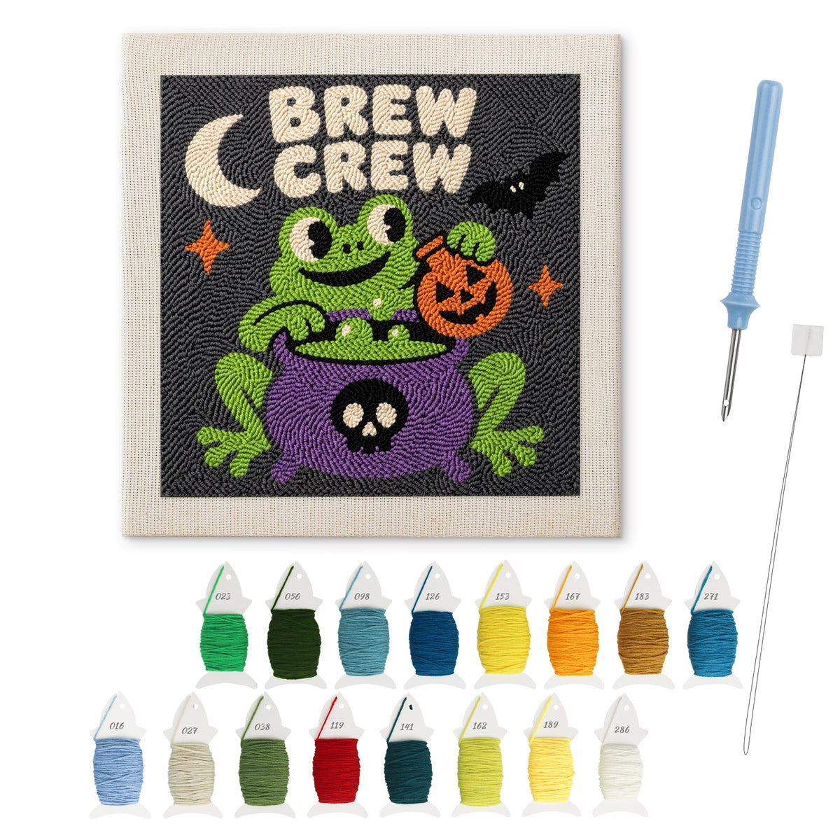 Brew Crew Frog punch needle kit: finished canvas with threads, punch needle and threader