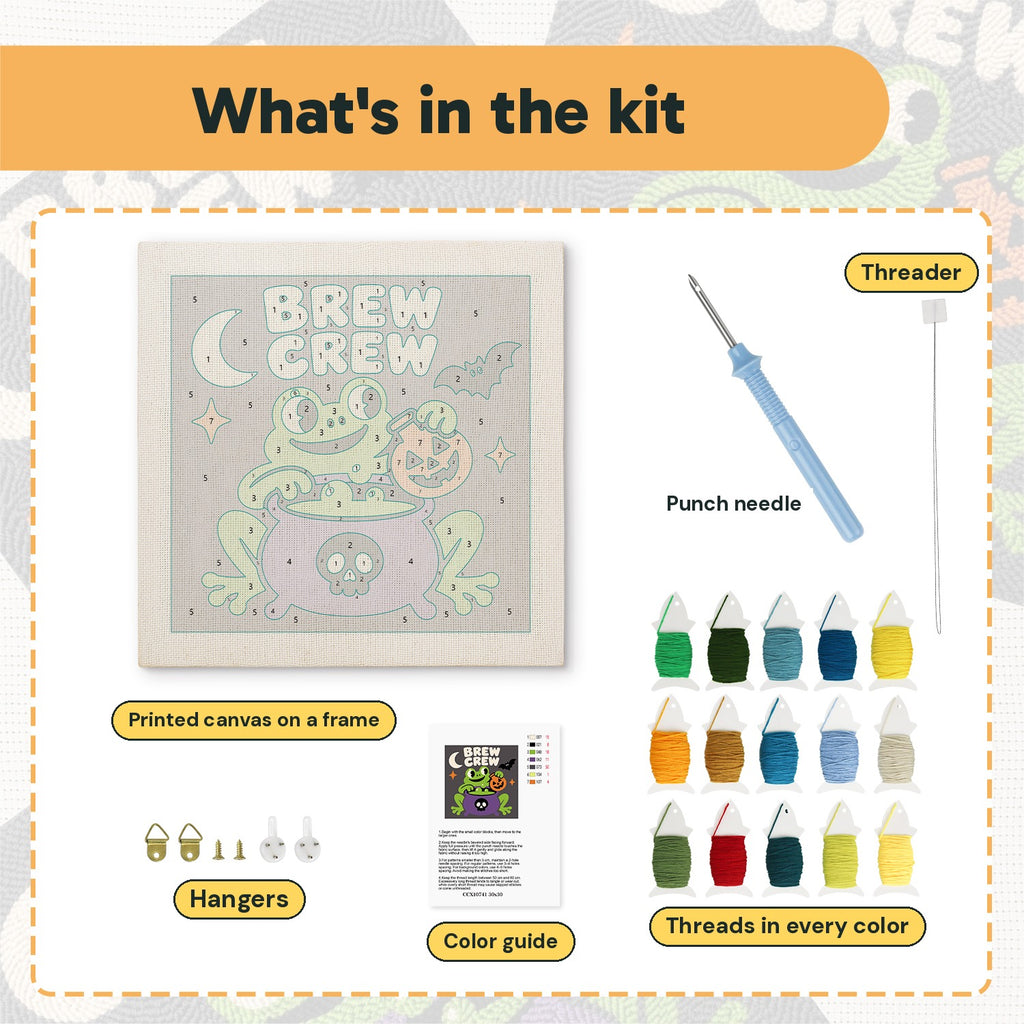 What is in the Brew Crew Frog kit: printed canvas, punch needle, threader, threads, color guide and hangers