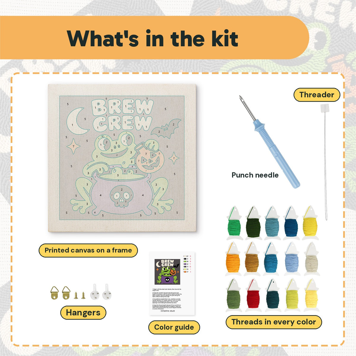 What is in the Brew Crew Frog kit: printed canvas, punch needle, threader, threads, color guide and hangers