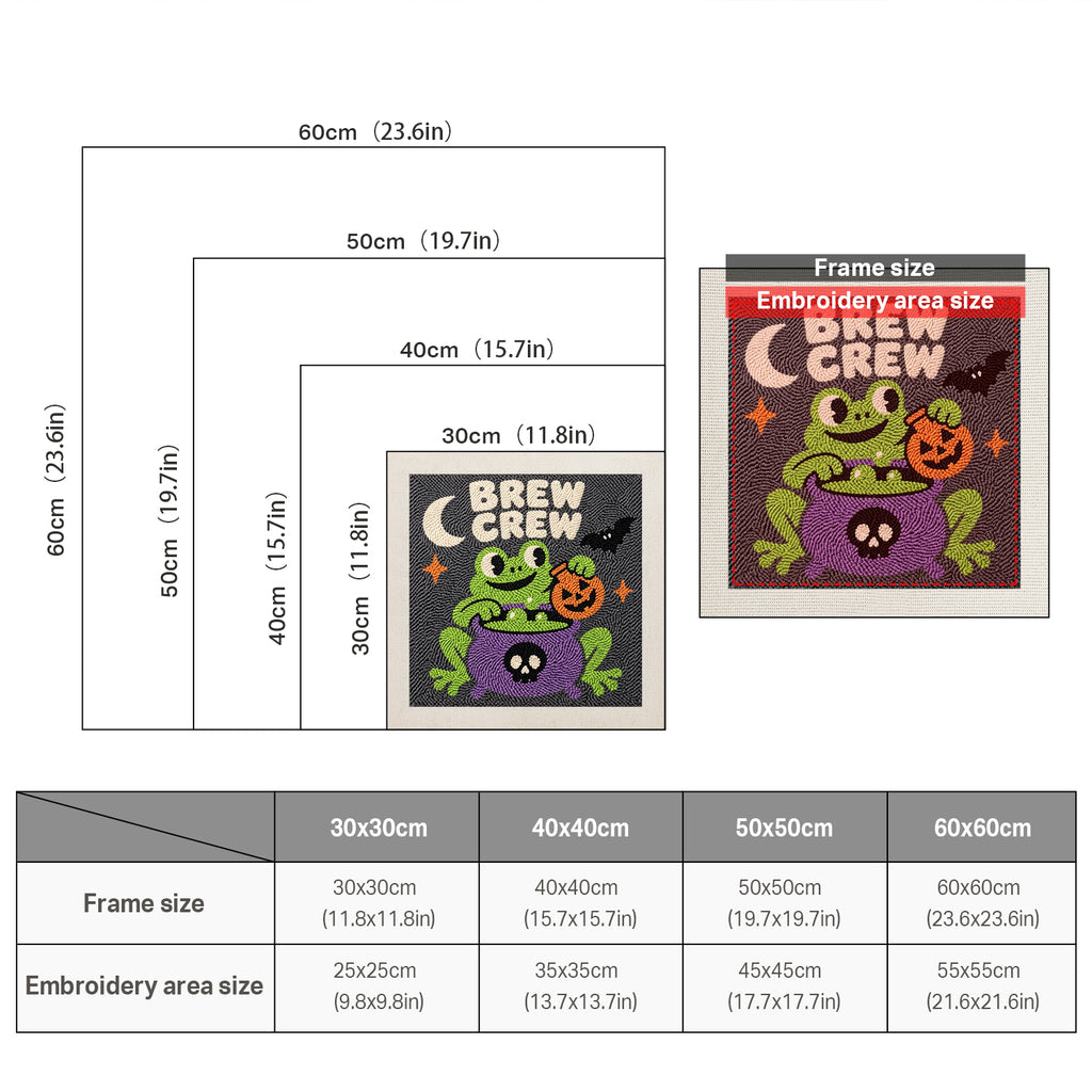 Size chart for square punch needle kits from 30 x 30 cm to 60 x 60 cm