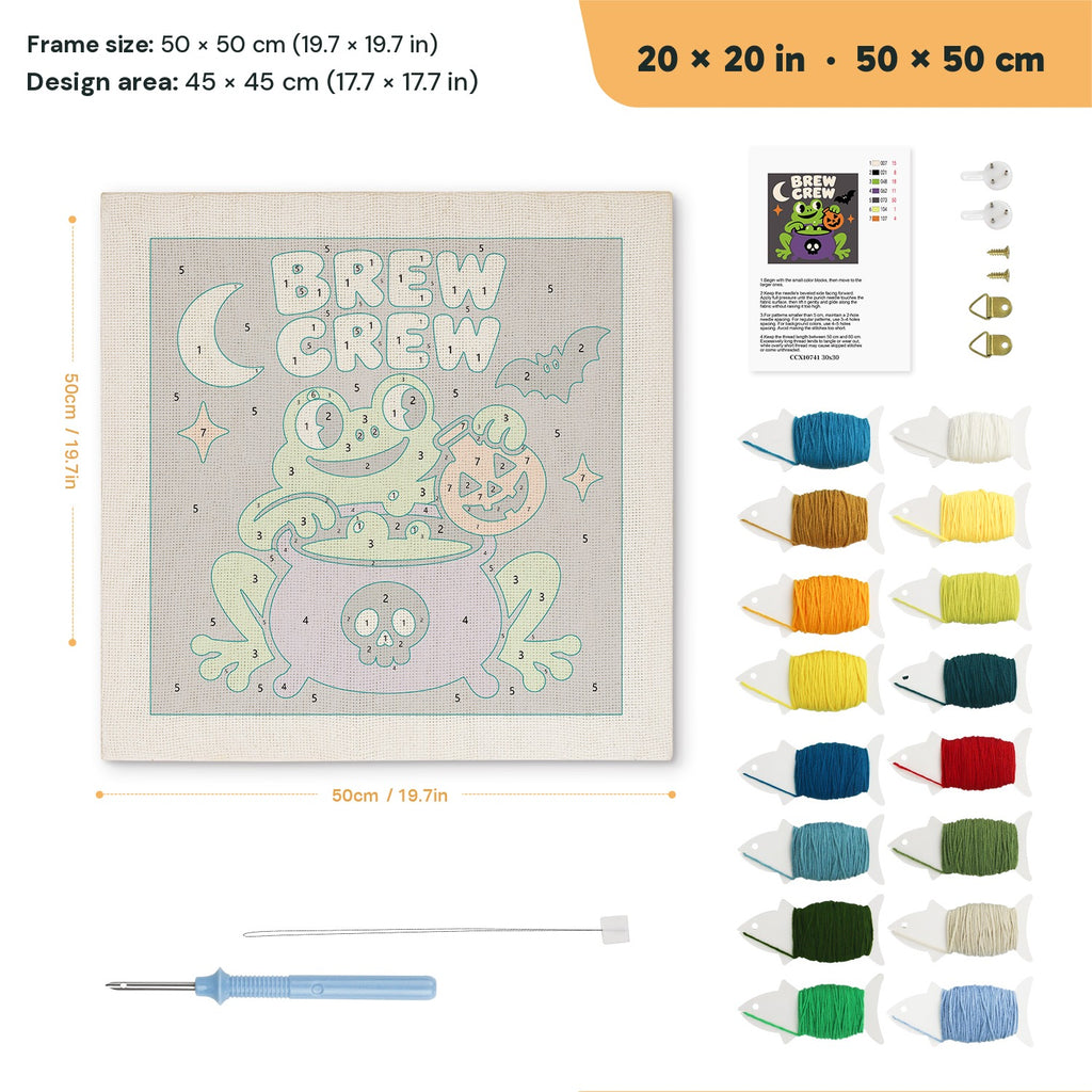 Brew Crew Frog punch needle kit, 20 × 20 in (50 × 50 cm): canvas size and kit contents