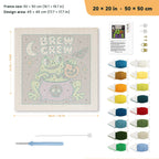 Brew Crew Frog punch needle kit, 20 × 20 in (50 × 50 cm): canvas size and kit contents