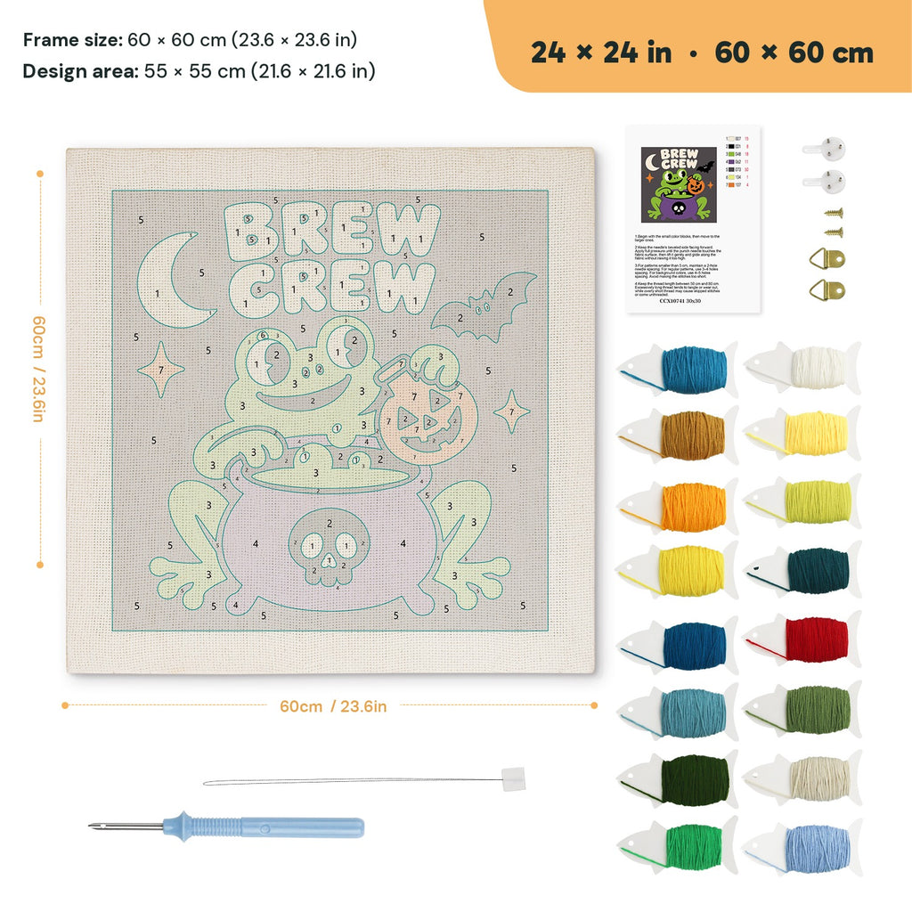 Brew Crew Frog punch needle kit, 24 × 24 in (60 × 60 cm): canvas size and kit contents