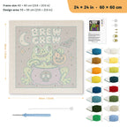 Brew Crew Frog punch needle kit, 24 × 24 in (60 × 60 cm): canvas size and kit contents