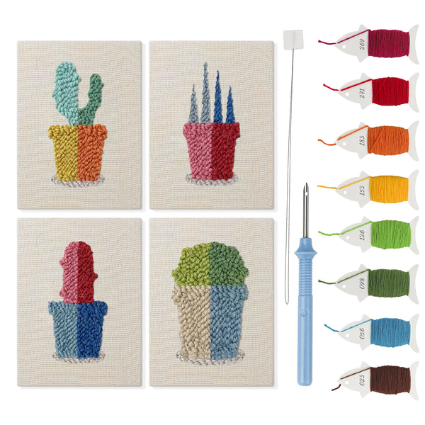 Bright Pot Cacti mini punch needle kit set: four finished canvases with threads, punch needle and threader