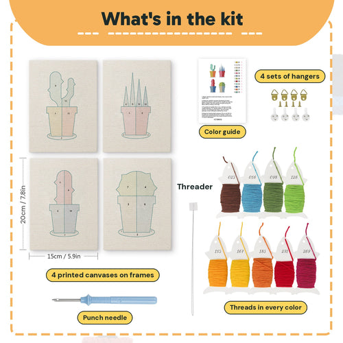 What is in the Bright Pot Cacti set: 4 printed canvases, punch needle, threader, threads, color guide and 4 sets of hangers (6 × 8 in (15 × 20 cm) each)