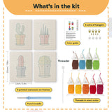 What is in the Bright Pot Cacti set: 4 printed canvases, punch needle, threader, threads, color guide and 4 sets of hangers (6 × 8 in (15 × 20 cm) each)