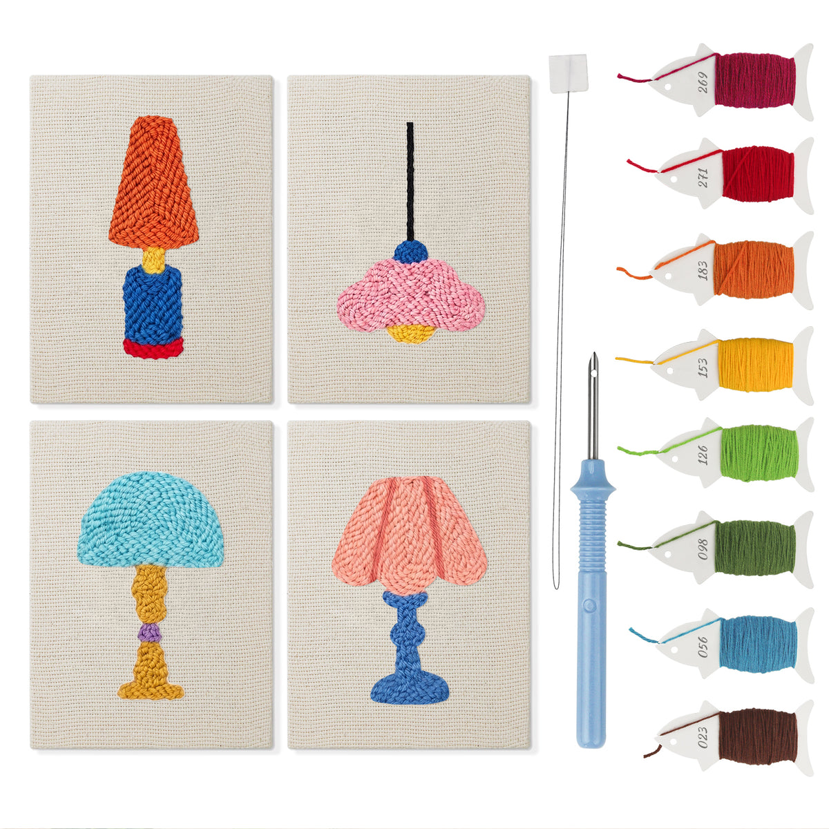 Bright Retro Lamps mini punch needle kit set: four finished canvases with threads, punch needle and threader
