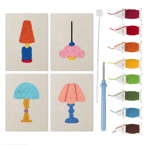 Bright Retro Lamps mini punch needle kit set: four finished canvases with threads, punch needle and threader