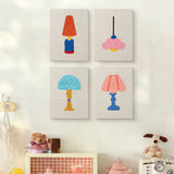 The four Bright Retro Lamps mini canvases on a wall above a shelf