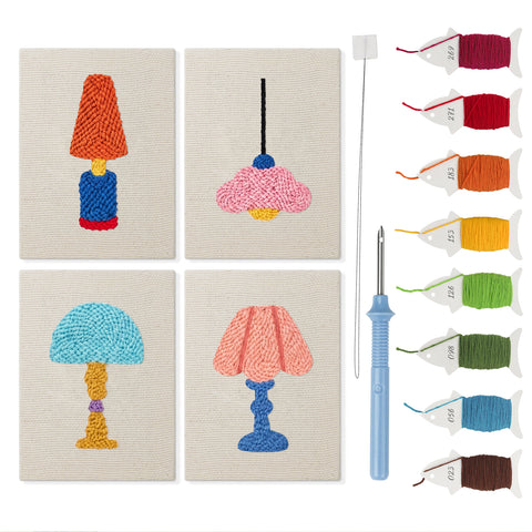 Bright Retro Lamps mini punch needle kit set: four finished canvases with threads, punch needle and threader