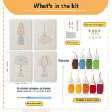 What is in the Bright Retro Lamps set: 4 printed canvases, punch needle, threader, threads, color guide and 4 sets of hangers (6 × 8 in (15 × 20 cm) each)