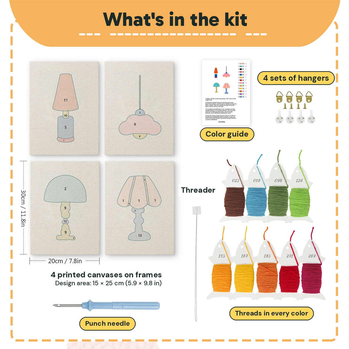 What is in the Bright Retro Lamps set, 8 × 12 in (20 × 30 cm) each: 4 printed canvases, punch needle, threader, threads, color guide and 4 sets of hangers
