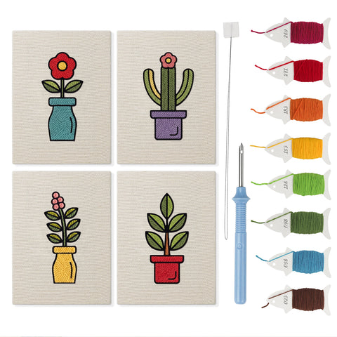 Bright Vase Plants mini punch needle kit set: four finished canvases with threads, punch needle and threader